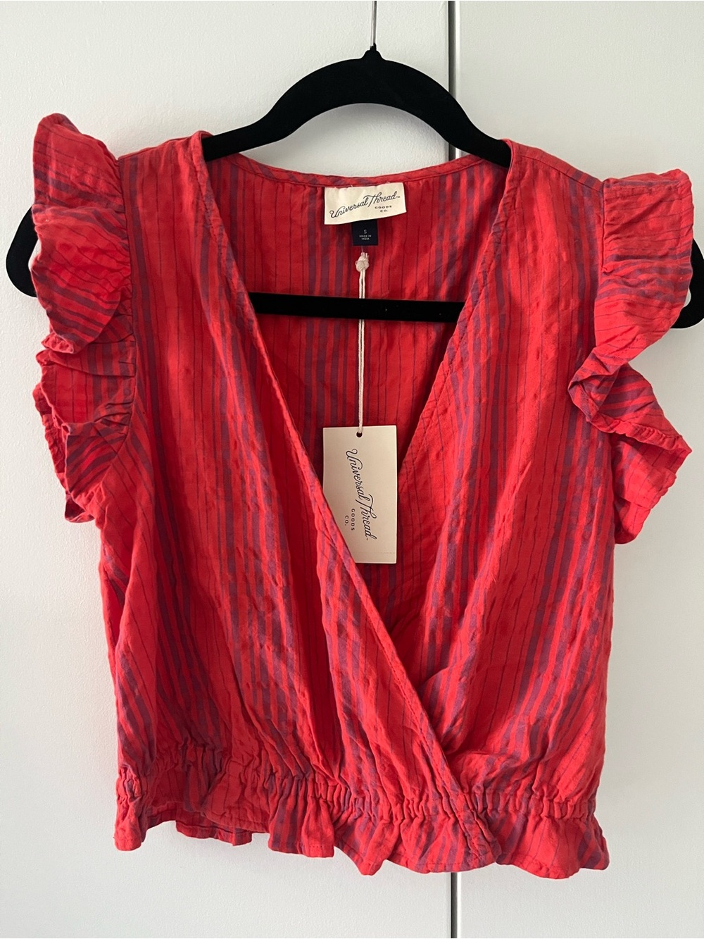Universal Thread Red Striped Faux Wrap Cropped Blouse with Ruffle Sleeves